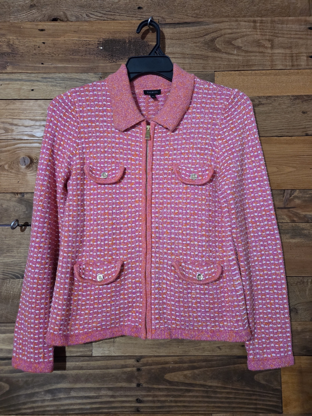 Talbots Tweed Jacket M Pink Orange Zip Front Collared 2 Pocket Classic Preppy